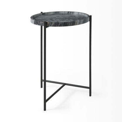 Stella 17L x 17W Gray Round Marble Top W/Black Base Accent Table