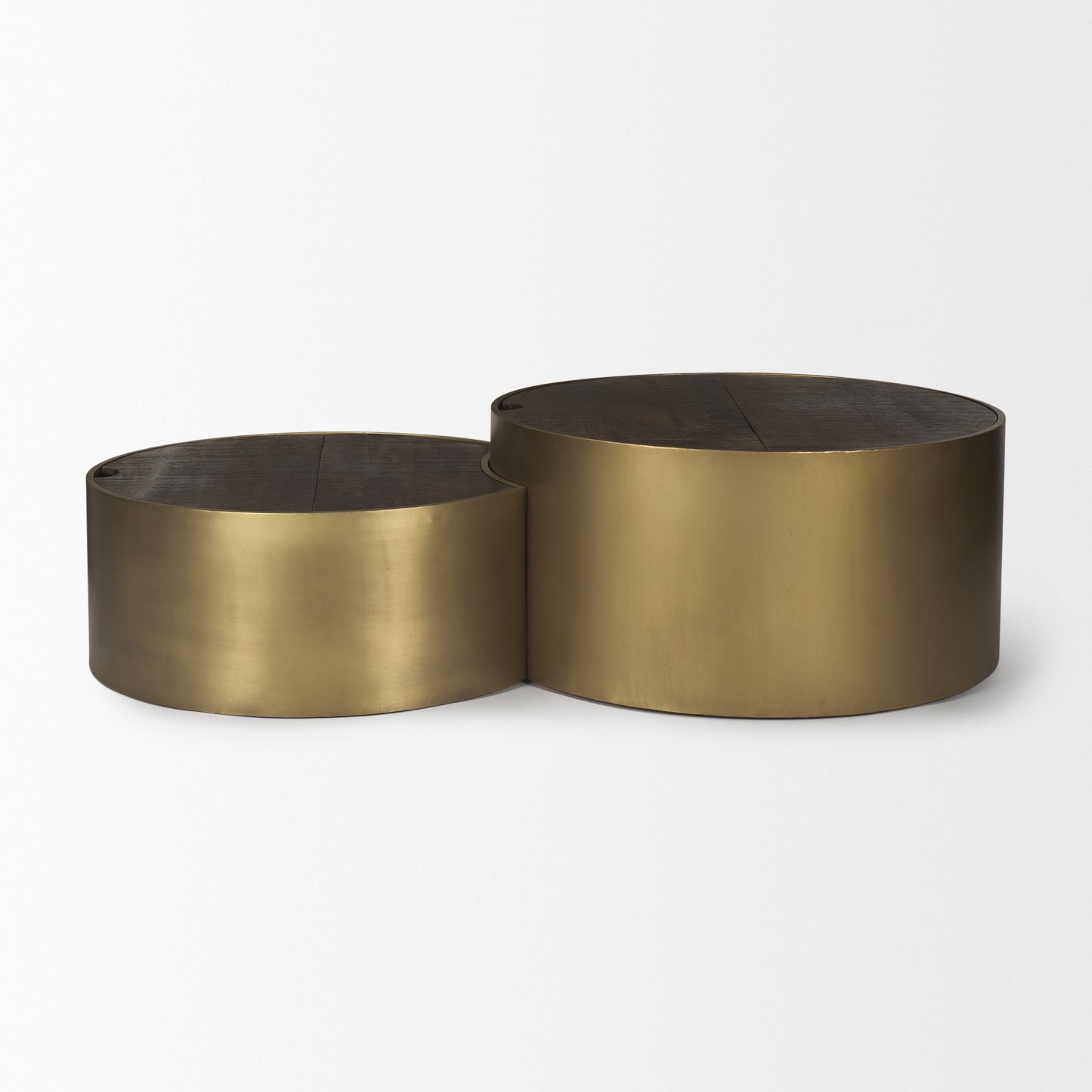 Eclipse Antique Brass Metal Drum Base w/ Dark Brown Wood Top Nested Coffee Table