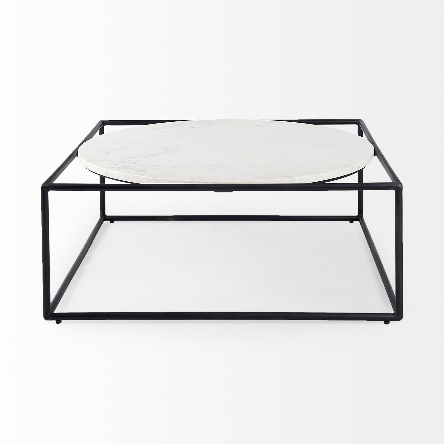 Austen 36L x 36W x 14.5H Round White Marble Top W/ Black Metal Frame Coffee Table