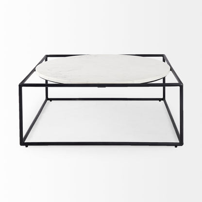 Austen 36L x 36W x 14.5H Round White Marble Top W/ Black Metal Frame Coffee Table
