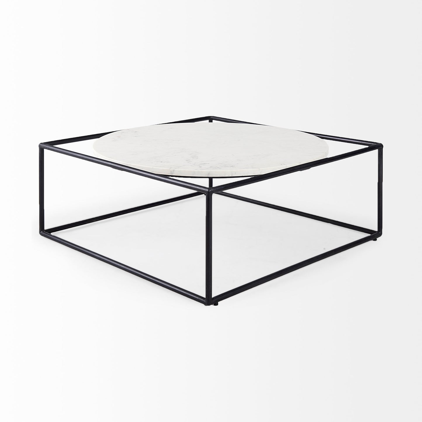 Austen 36L x 36W x 14.5H Round White Marble Top W/ Black Metal Frame Coffee Table