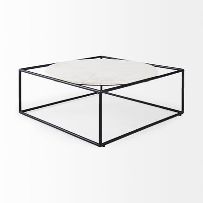 Austen 36L x 36W x 14.5H Round White Marble Top W/ Black Metal Frame Coffee Table
