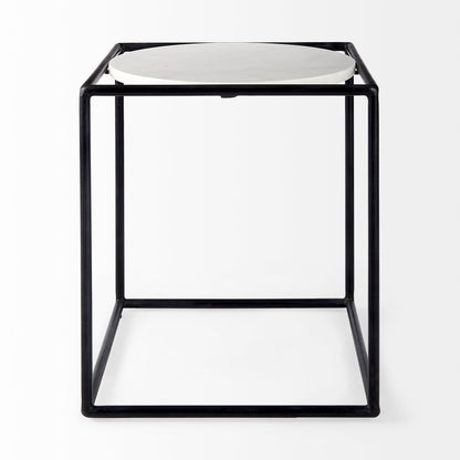 Austen 20L x 20W x 22H Round White Marble Top W/ Black Metal Frame Side Table