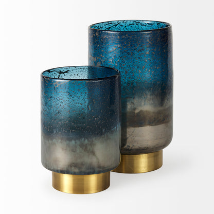 Caspian II Short Blue Glass Antiqued Brass Bottom Vase
