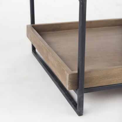 Trey III 20" x 26" Square Medium Brown Wooden Three-Tiered Black Iron Frame End/Side Table