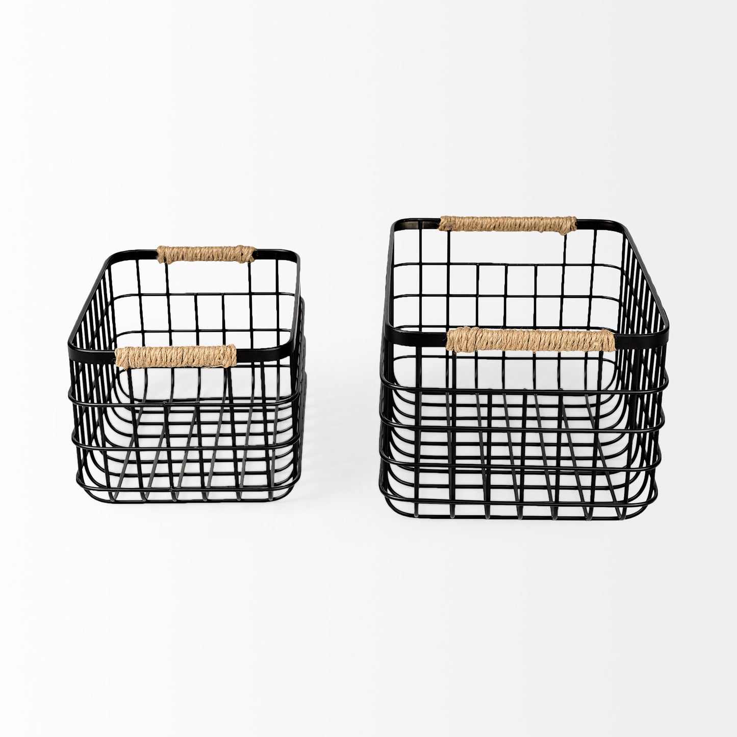 Marius 20.9L x 15.2W x 12.2 Set of Two Matte Black Metal W/ Rope Trim Rectangular Baskets