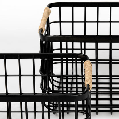 Marius 20.9L x 15.2W x 12.2 Set of Two Matte Black Metal W/ Rope Trim Rectangular Baskets
