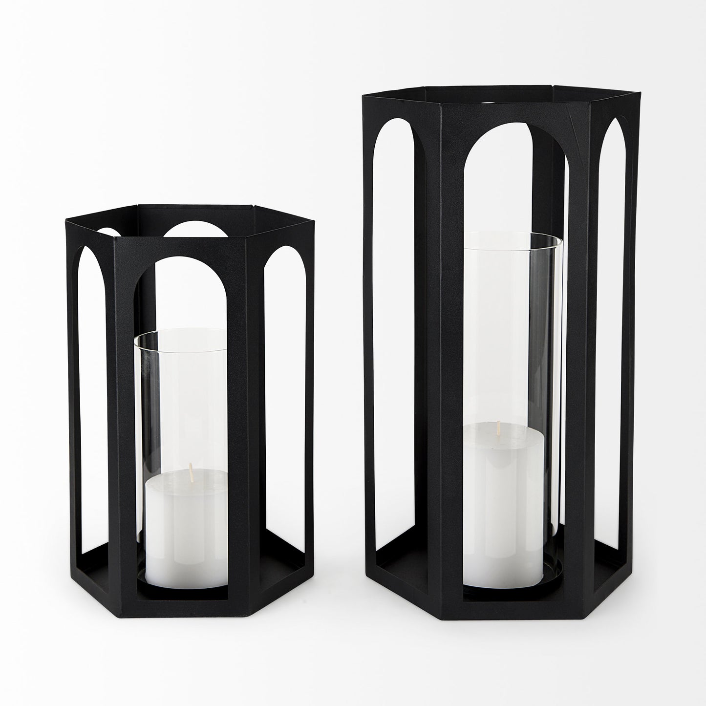 Balley 9.4L x 9.4W x 19.7H Set of Two Matte Black Metal Hexagonal Candle Holder Lanterns