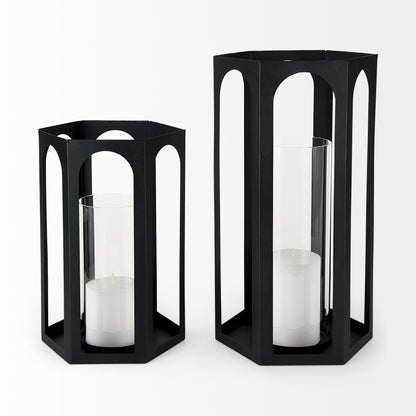 Balley 9.4L x 9.4W x 19.7H Set of Two Matte Black Metal Hexagonal Candle Holder Lanterns