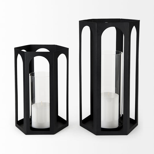 Balley 9.4L x 9.4W x 19.7H Set of Two Matte Black Metal Hexagonal Candle Holder Lanterns