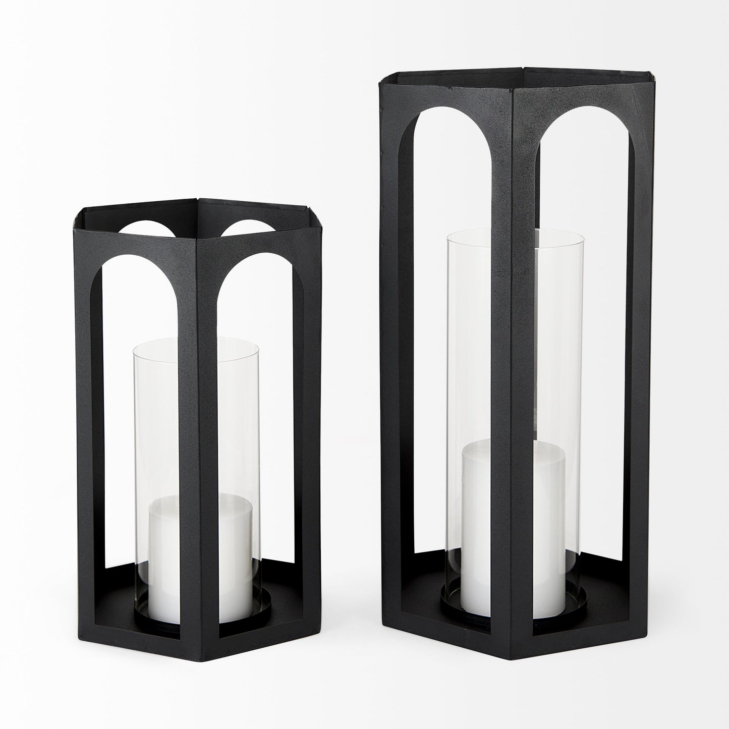 Balley 9.4L x 9.4W x 19.7H Set of Two Matte Black Metal Hexagonal Candle Holder Lanterns