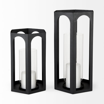 Balley 9.4L x 9.4W x 19.7H Set of Two Matte Black Metal Hexagonal Candle Holder Lanterns