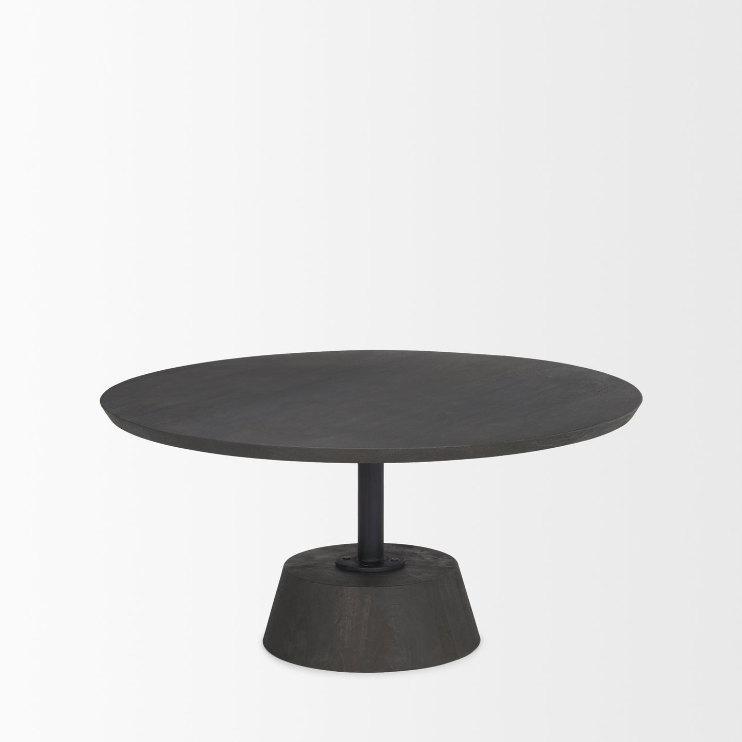 Maxwell 34L x 34W x 16H Dark Brown Wood W/ Black Metal Pedestal Base Round Coffee Table