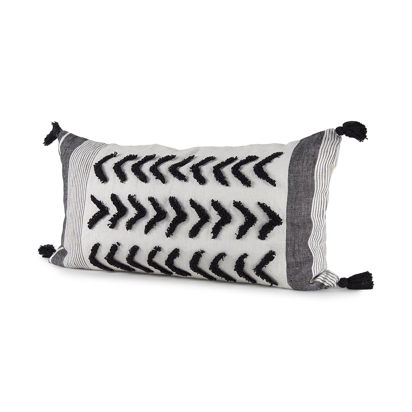 Kimia 14L x 26W White and Black Fabric Herringbone and Fringed Decorative Pillow Cover