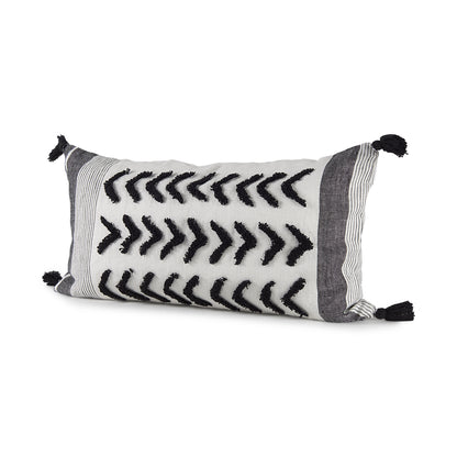 Kimia 14L x 26W White and Black Fabric Herringbone and Fringed Decorative Pillow Cover