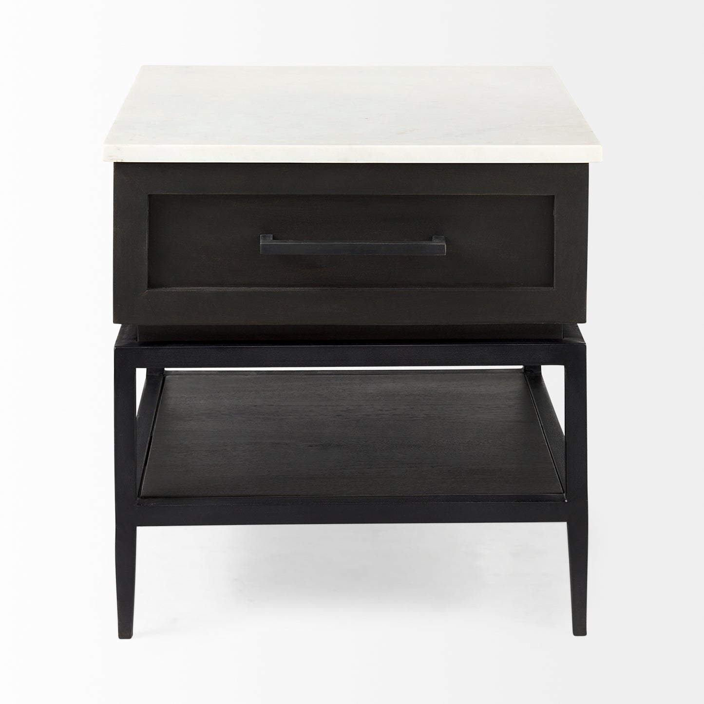 Divina Black-Brown Wood w/ White Marble Top and Black Metal Base 1 Drawer Side Table