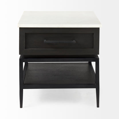 Divina Black-Brown Wood w/ White Marble Top and Black Metal Base 1 Drawer Side Table