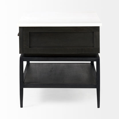 Divina Black-Brown Wood w/ White Marble Top and Black Metal Base 1 Drawer Side Table