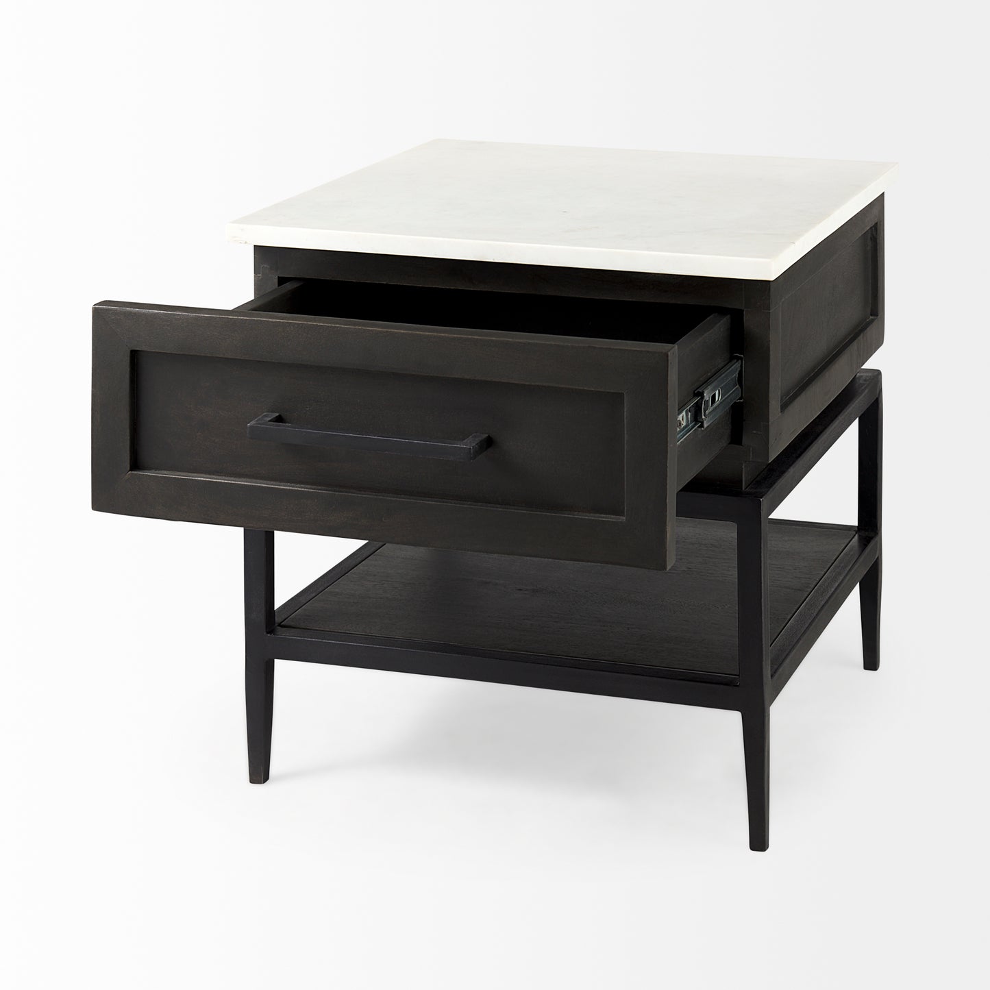 Divina Black-Brown Wood w/ White Marble Top and Black Metal Base 1 Drawer Side Table