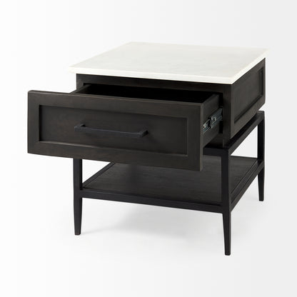 Divina Black-Brown Wood w/ White Marble Top and Black Metal Base 1 Drawer Side Table