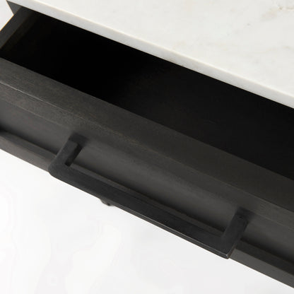 Divina Black-Brown Wood w/ White Marble Top and Black Metal Base 1 Drawer Side Table