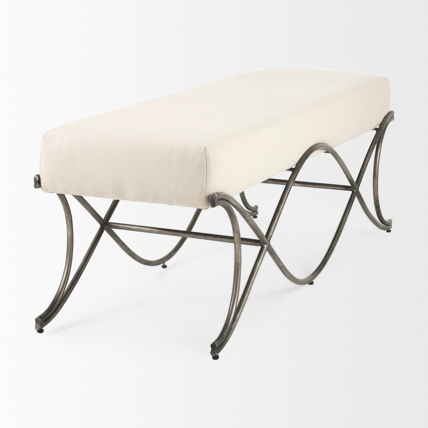 Ayla 55L x 17.6W x 18H Cream Fabric Seat W/ Antique Nickel Frame Bench