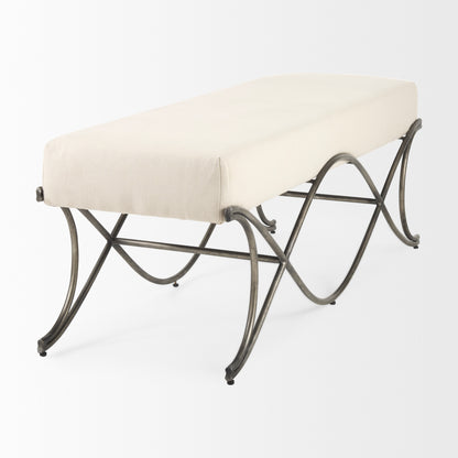 Ayla 55L x 17.6W x 18H Cream Fabric Seat W/ Antique Nickel Frame Bench