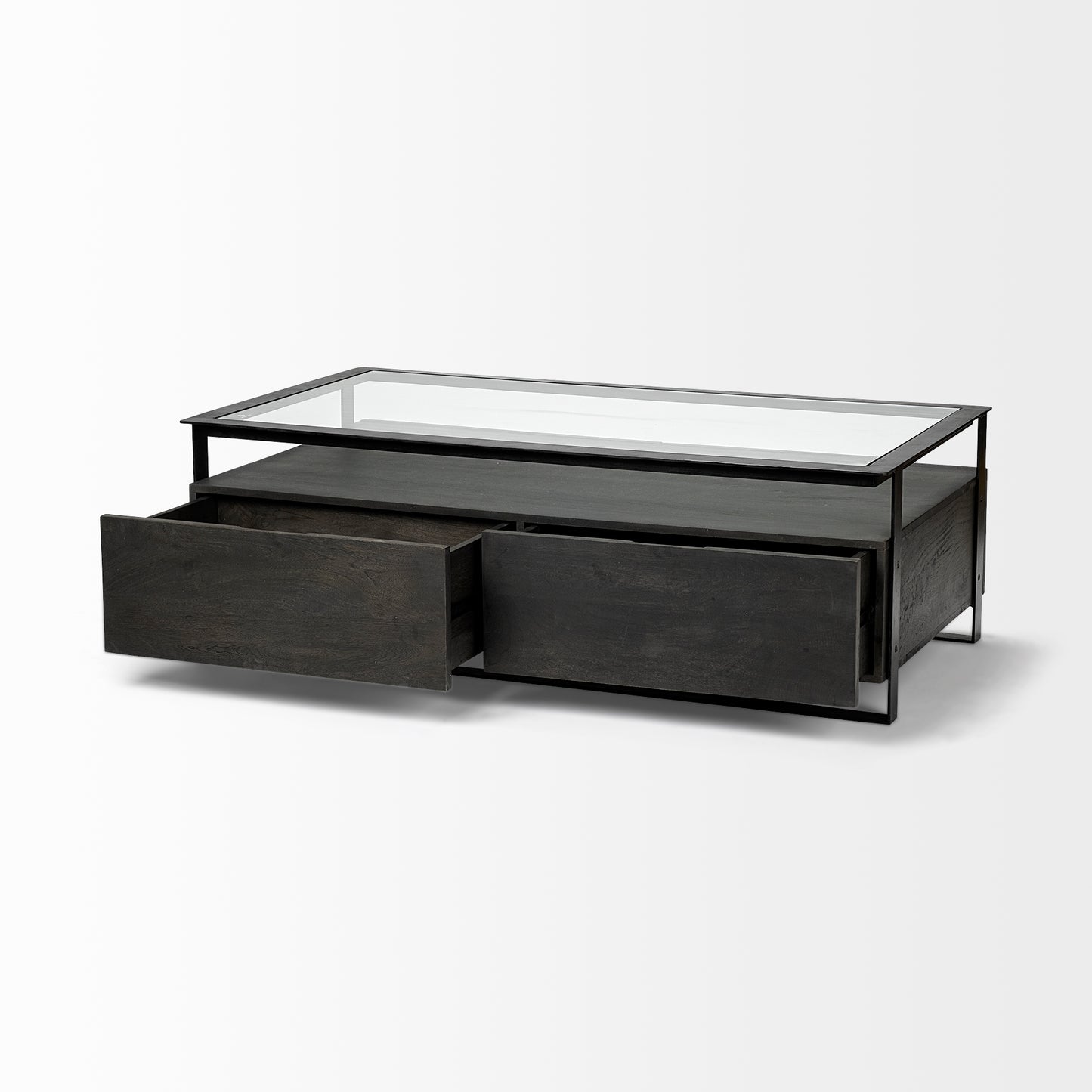 Vidro 54x30 Rectangular Glass Top Black Solid Wood Drawers & Black Frame Coffee Table