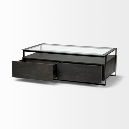 Vidro 54x30 Rectangular Glass Top Black Solid Wood Drawers & Black Frame Coffee Table