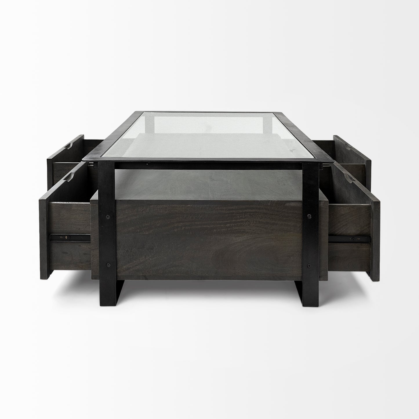 Vidro 54x30 Rectangular Glass Top Black Solid Wood Drawers & Black Frame Coffee Table