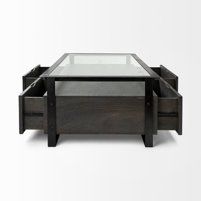 Vidro 54x30 Rectangular Glass Top Black Solid Wood Drawers & Black Frame Coffee Table