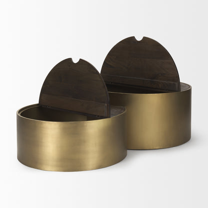 Eclipse Antique Brass Metal Drum Base w/ Dark Brown Wood Top Nested Coffee Table