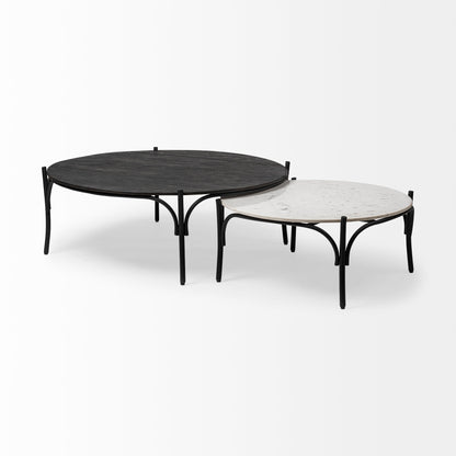Etienne 36" Round White Marble Top Black Metal Base Coffee Table