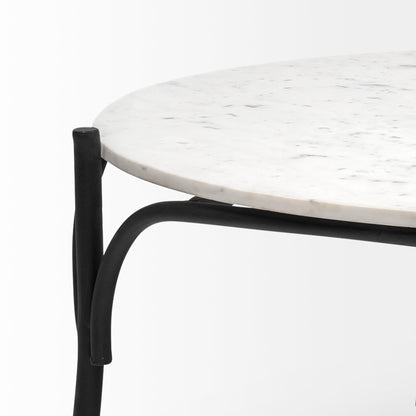Etienne 36" Round White Marble Top Black Metal Base Coffee Table