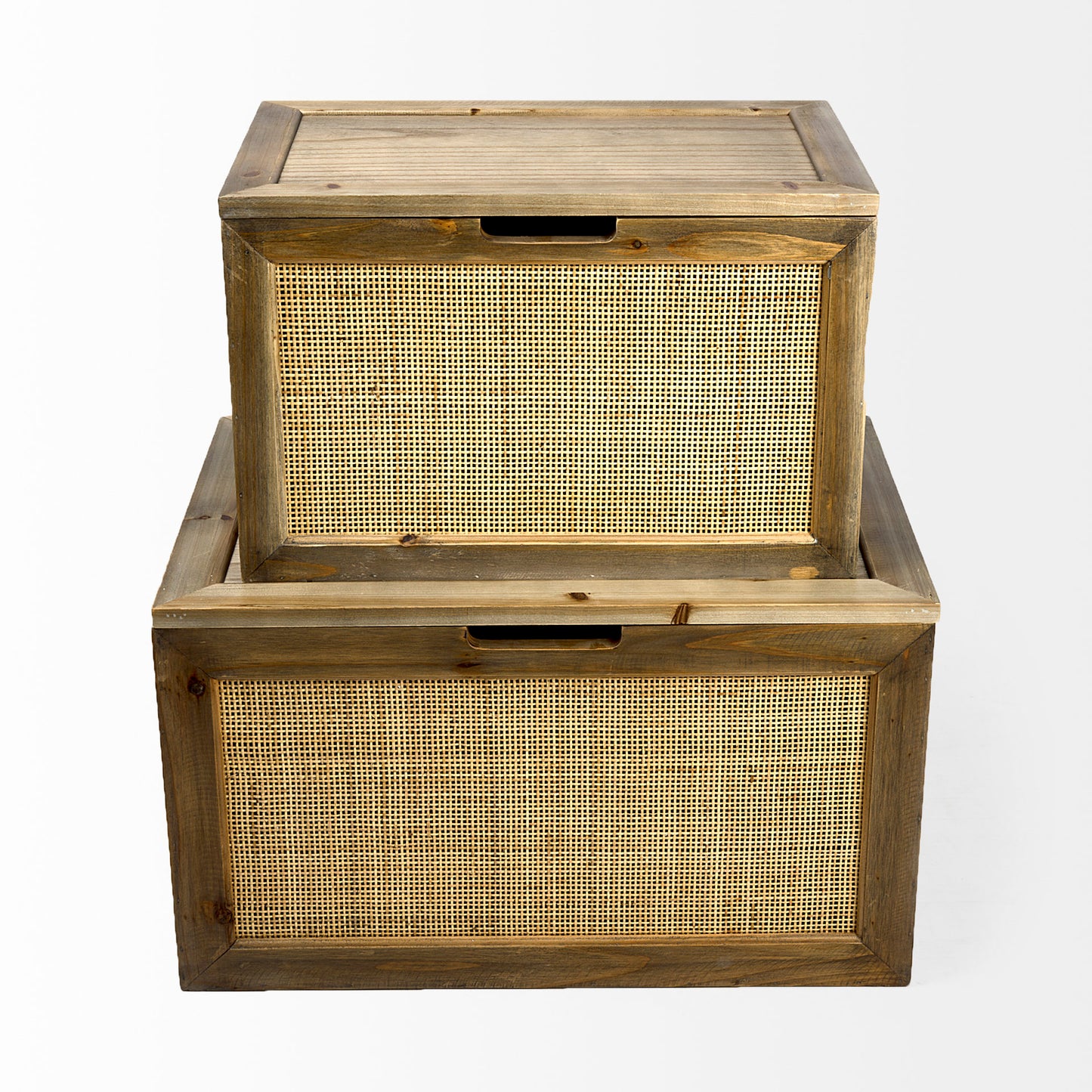 Sonny 23.6L x 15.7W x 13.8H Set of Two Brown Wood and Wicker W/ Metal Detail Rectangular Boxes