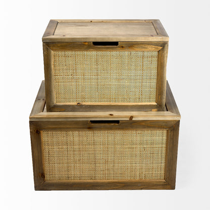 Sonny 23.6L x 15.7W x 13.8H Set of Two Brown Wood and Wicker W/ Metal Detail Rectangular Boxes