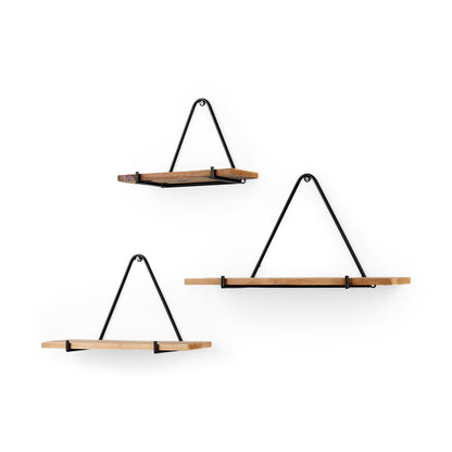 Khufu 18.9L x 5.5W x 10.2H Set of Three Brown Wood W/ Black Metal Triangular Hanging Shelves