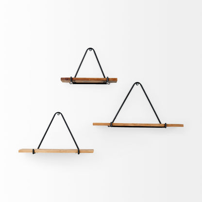 Khufu 18.9L x 5.5W x 10.2H Set of Three Brown Wood W/ Black Metal Triangular Hanging Shelves