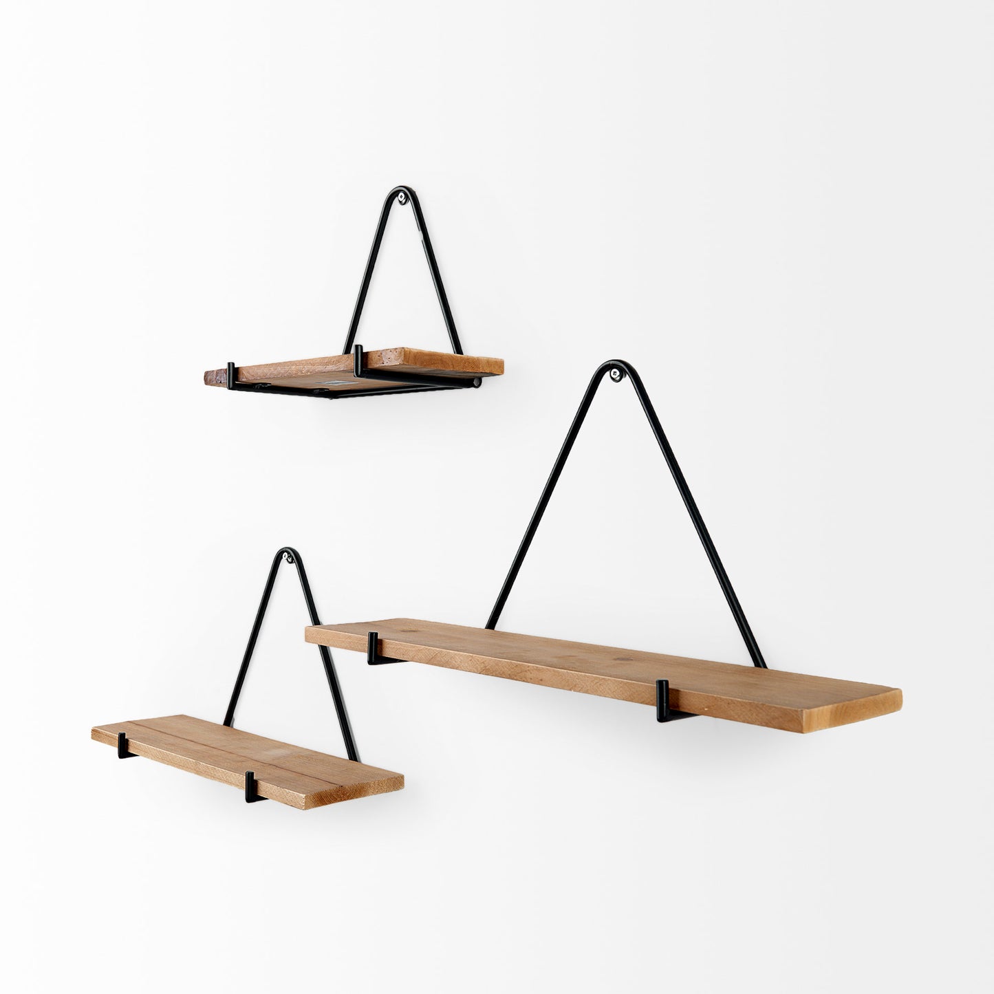 Khufu 18.9L x 5.5W x 10.2H Set of Three Brown Wood W/ Black Metal Triangular Hanging Shelves