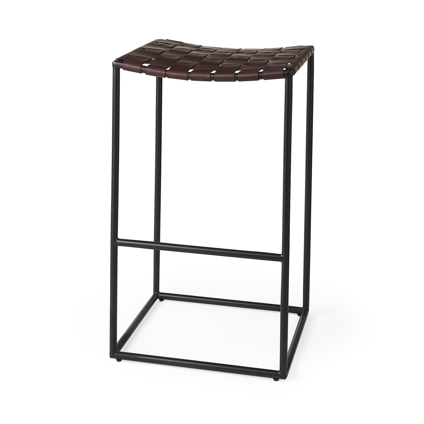 Clarissa 18.0L x 16.0W x 30.25H Dark Brown Woven Leather Seat W/ Black Metal Frame Bar Stool