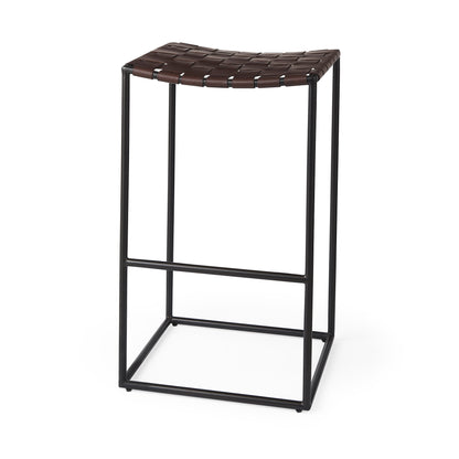 Clarissa 18.0L x 16.0W x 30.25H Dark Brown Woven Leather Seat W/ Black Metal Frame Bar Stool