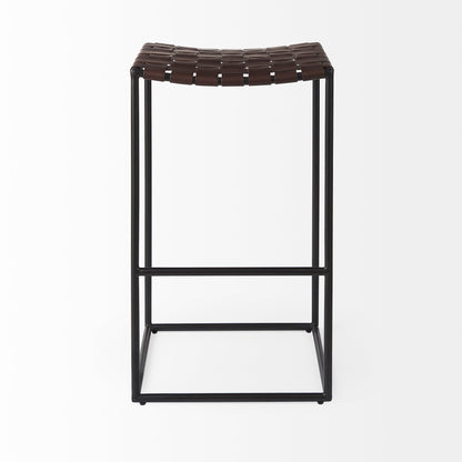 Clarissa 18.0L x 16.0W x 30.25H Dark Brown Woven Leather Seat W/ Black Metal Frame Bar Stool
