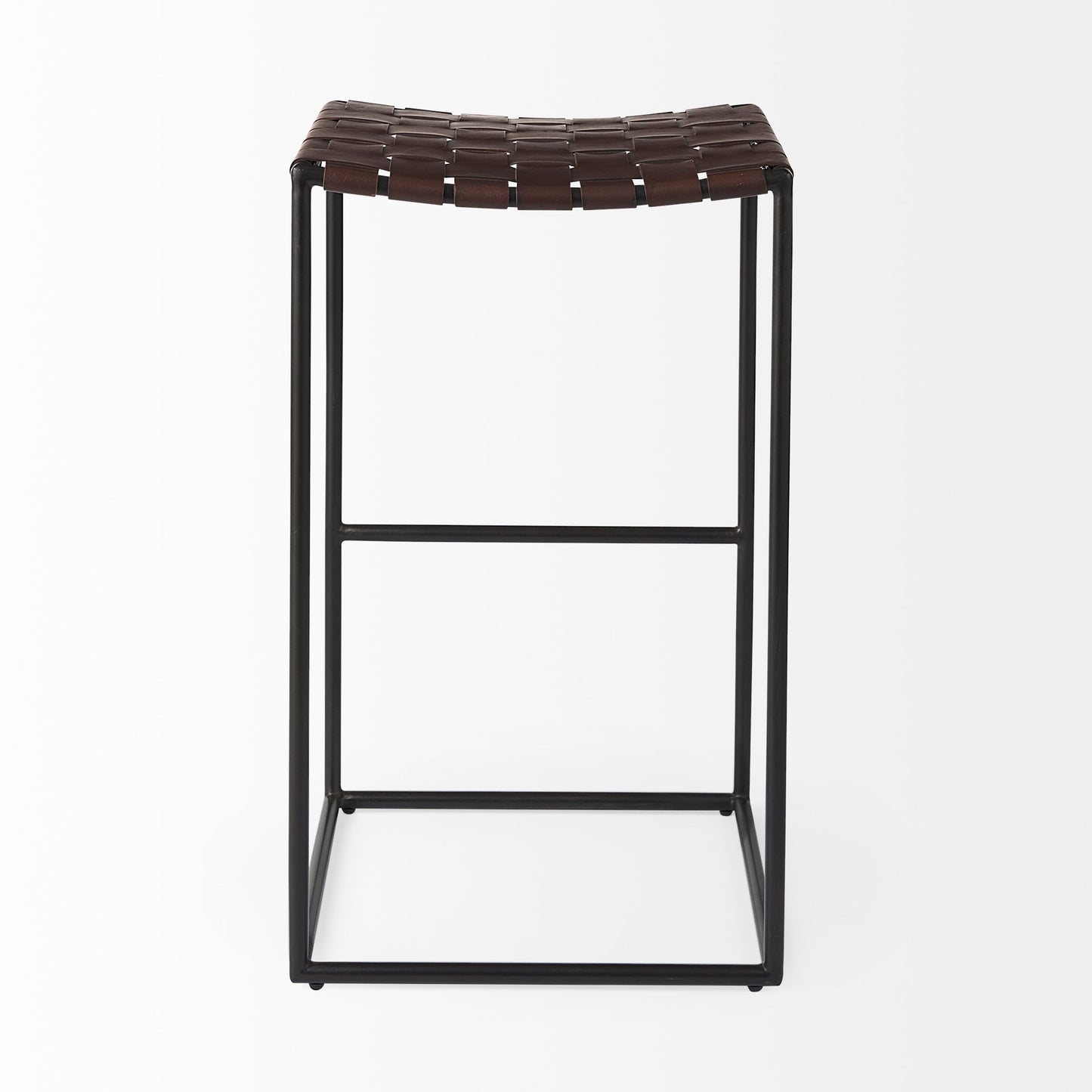 Clarissa 18.0L x 16.0W x 30.25H Dark Brown Woven Leather Seat W/ Black Metal Frame Bar Stool