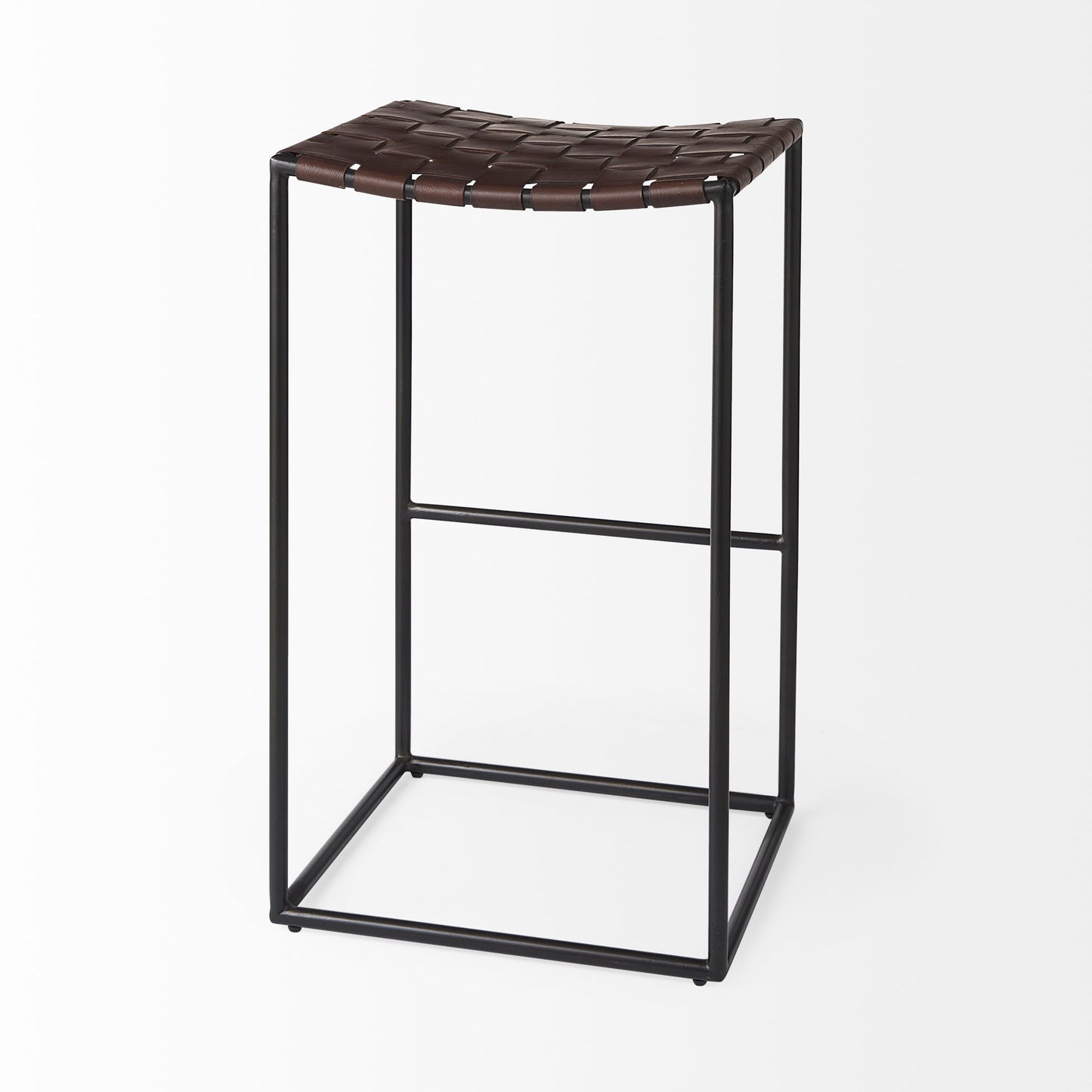 Clarissa 18.0L x 16.0W x 30.25H Dark Brown Woven Leather Seat W/ Black Metal Frame Bar Stool