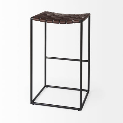 Clarissa 18.0L x 16.0W x 30.25H Dark Brown Woven Leather Seat W/ Black Metal Frame Bar Stool