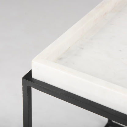 Nathan II 18" x 20" Square Top White Marble and Black Metal End/Side Table