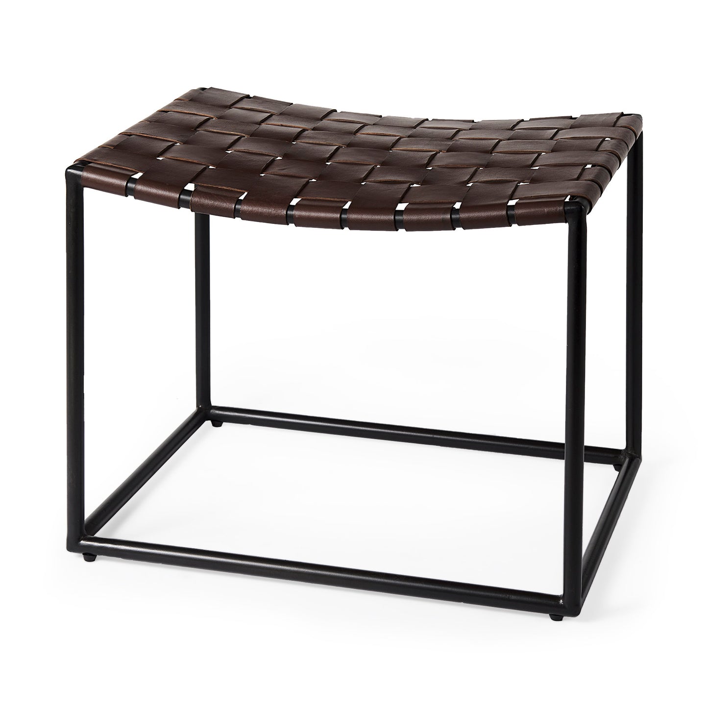 Clarissa 22.0L x 16.0W x 16.5H Brown Leather Woven Seat W/ Black Metal Frame Stool
