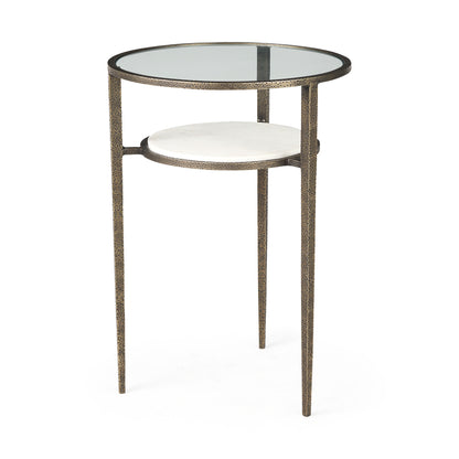 Felicity 15.8L X 15.8W X 22.5H Glass Top W/ White Marble Shelf and Antique Gold Base End/Side Table
