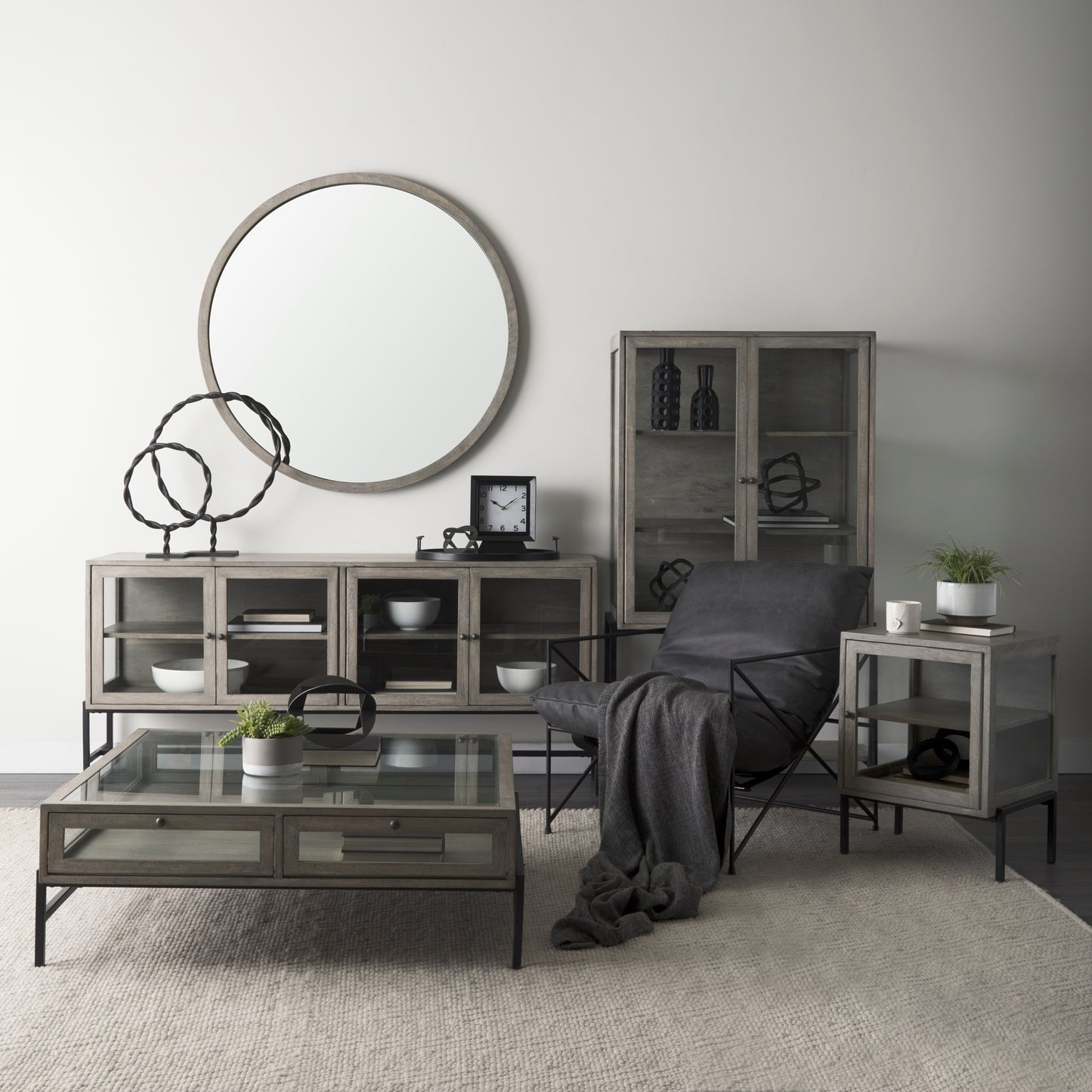 Gambit 46" Round Gray Wash Wood Frame Wall Mirror