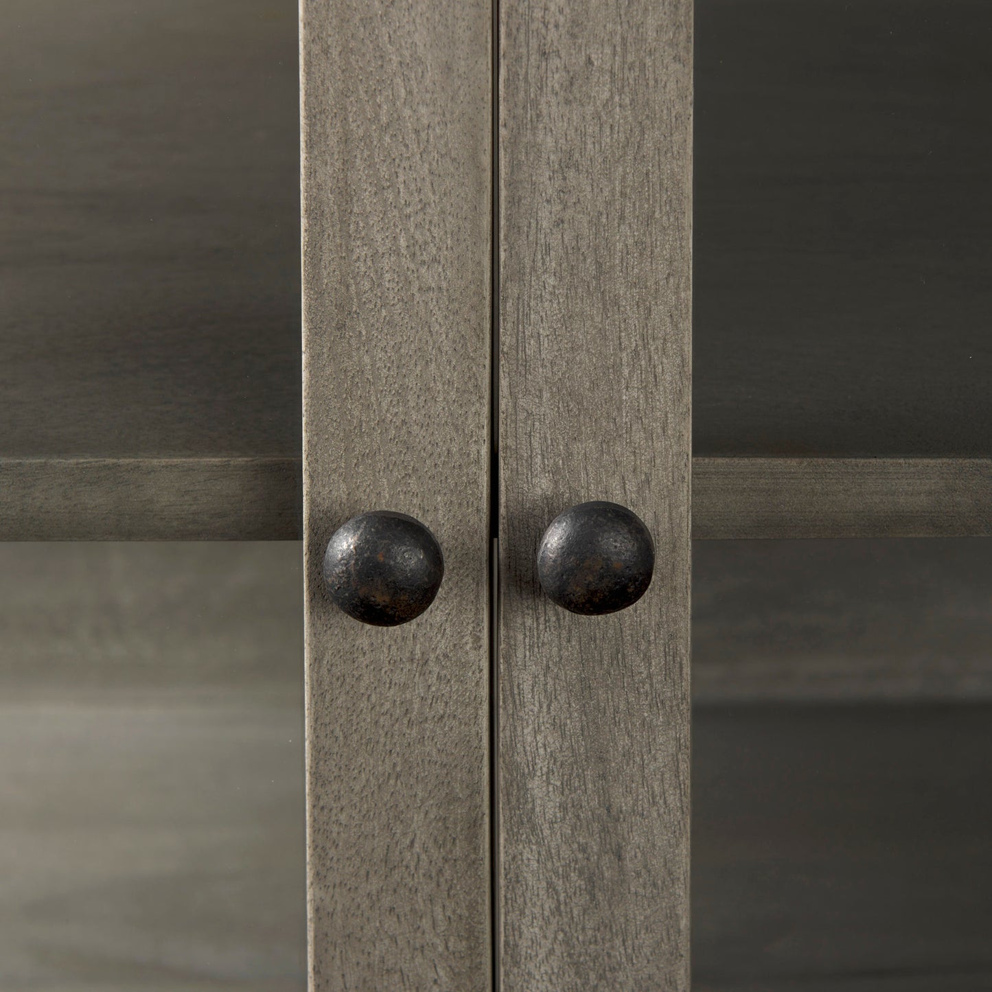 Arelius 36L x 18W x 32H Gray Wood, Black Metal Base w/ 2 Glass Doors Accent Cabinet